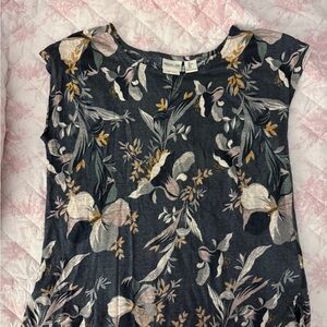 Rachel Zoe L Sleeveless linen Floral Chinoiserie blouse top, curved round hem